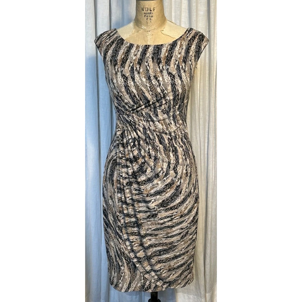 Dressbarn 10 brown black animal print artsy career work sleeveless jersey dress